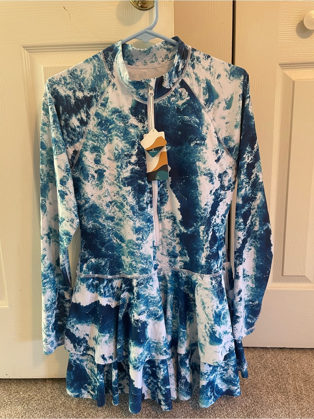 Women’s Long-Sleeve Ocean Print Swim Dress - Blue